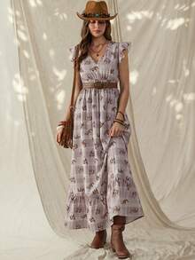 Wildy 波西米亚风休闲美式西部乡村复古格子马图案连衣裙，荷叶边下摆，适合春夏穿着 - 杏色 - 查看 3