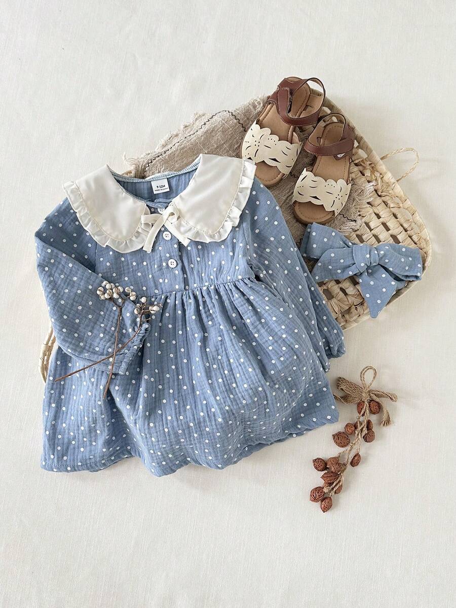 SHEIN Baby Girl Elegant Polka Dot Doll Collar Bow Tie Long Sleeve Shirt Dress, Suitable For Spring/Autumn Outings, Photo Shoots, Or Daily Wear To School - Blue - View 1