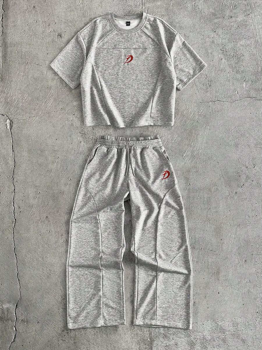 AXEPEAK 男士几何刺绣圆领短袖T恤和抽绳腰裤休闲套装 - 灰色 - 查看 1