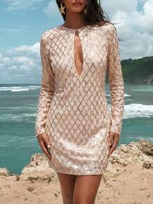 Maija 女士圆领镂空露肩长袖H字短款连衣裙，优雅都市休闲商务风 - 杏色 - 查看 7