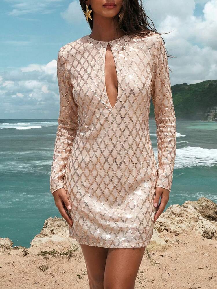 SHEIN Maija Outfit Deas For Dress,Women's Round Neck Hollow Out Design Shoulder Long Sleeve H-Line Short Dress, Elegant Urban Casual Business Style,Festival Dresses ,Festival Outfits For Women 
,Party Dress, Wedding Guest Dress