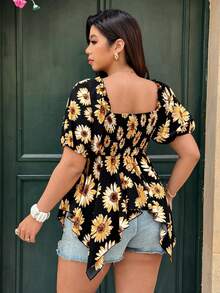 Ceyna Plus Size Elegant Sunflower Print Shirt, Spring/Summer - Black - View 2