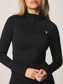 Missguided x Playboy Women's Zip Neck Athletic Track Top Quarter Zip Pullover Long Sleeve Fitted Training Sweatshirt With Pink Accent Stripe - Black - View 1