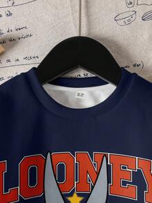 LOONEY TUNES X SHEIN Young Boy Colorblock Cartoon & Letter Graphic Crew Neck Long Sleeve Sweatshirt - White - View 4