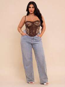 SHEIN BAE 大码女式豹纹蕾丝拼接吊带背心 - 咖啡棕 - 查看 2