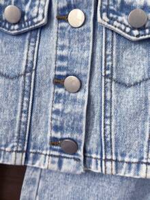 Girls (Small) Casual Fashion Simple Versatile Washed Light Blue Denim Outfit - Blue - View 8