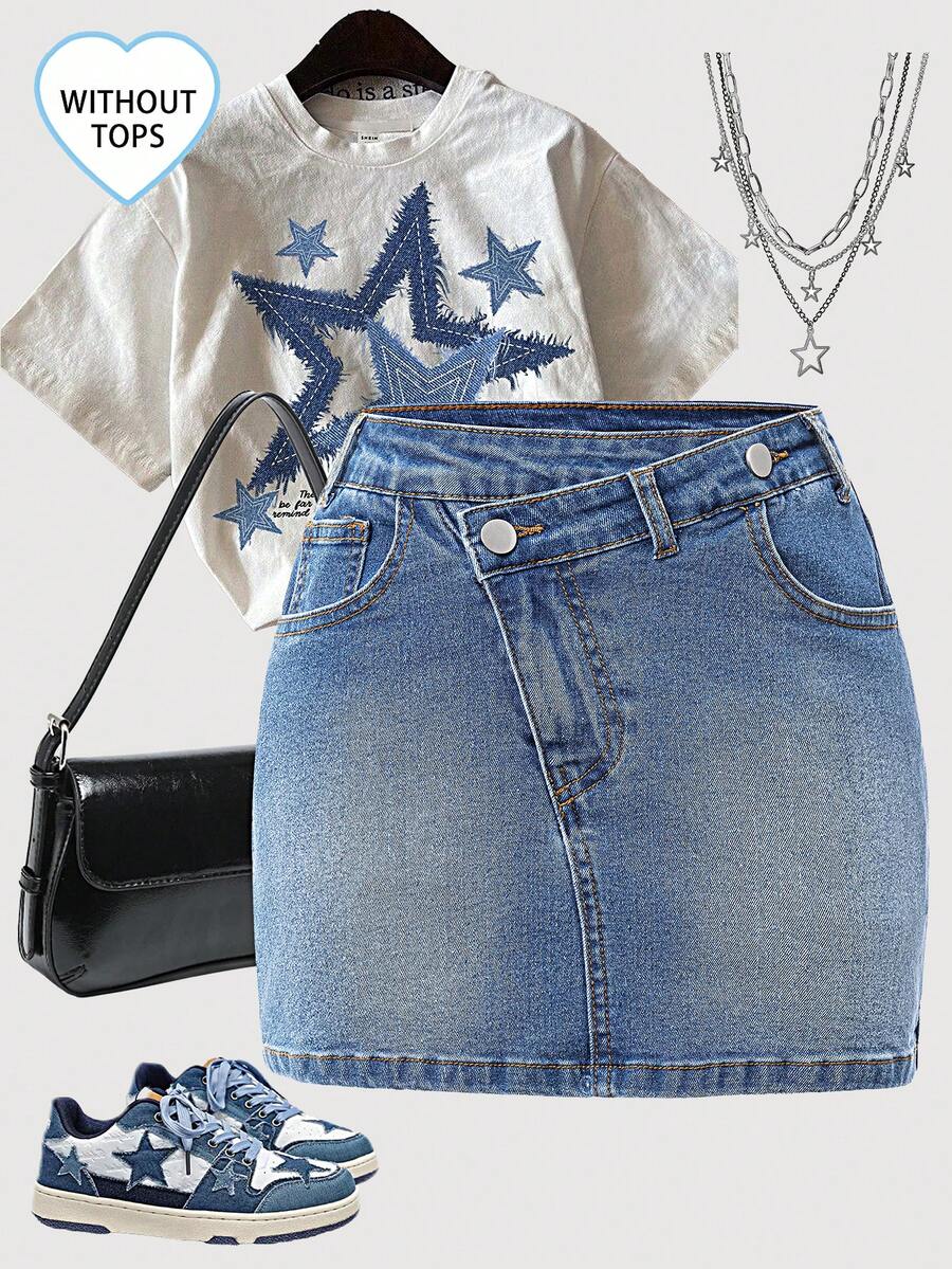 Tween flickors casual denimkjol, ny design med sned knappslå, ljusblå tvättad denim