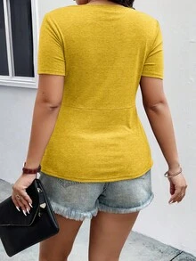 EMERY ROSE Plus Size Women's Solid Color Deep V Twist Design Short Sleeve Sexy T-Shirt - Yellow - View 2