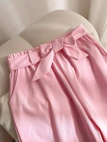 Elladie kids 2pcs/Set Girls Teens Summer Pink One-Shoulder Puff Sleeve Shirt With Faux Placket And Loose Straight Leg Pants Casual Outfit - Pink - View 5