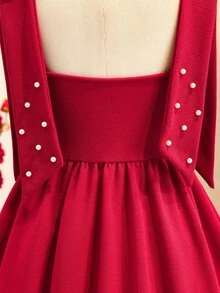 女童无袖中长连衣裙，夏秋季新款，蚂蚁纹理面料，高弹力，蝴蝶结装饰，多层裙摆，串珠点缀，优雅适合派对、聚会、休闲穿着 - 酒紅色 - 查看 5