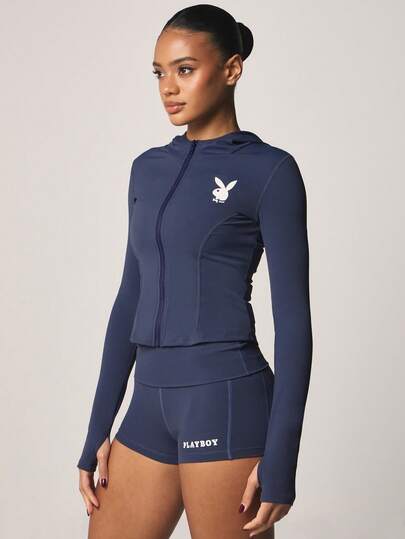 Missguided x Playboy 翻折腰带运动短裤，撞色缝线，适合运动健身跑步