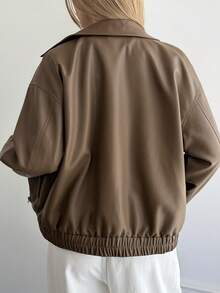 Livesso Women's Casual Zip-Up Lapel Long Sleeve Jacket, Autumn - Coffee Brown - View 2
