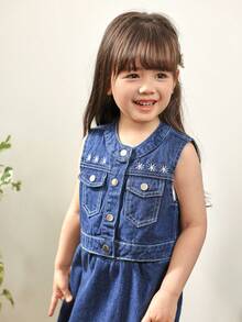 Genkimix Kids 2pcs/Set Young Girl Daisy Flower Emboidery Pocketed Denim Vest And Skirt, Childrens Jeans Skirt Set - Blue - View 4