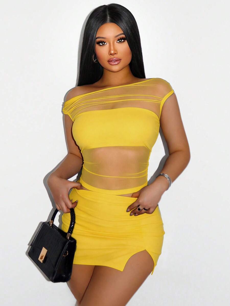 SHEIN Unity 女士纯色网纱拼接不对称肩部修身上衣和侧开衩紧身迷你裙性感时尚两件套 - 黃色 - 查看 1