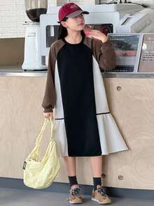 DAZY Girls Crew Neck Knit Patchwork Straight Dress, Fall - Multicolor - View 5