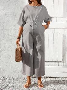 SHEIN Maternity Striped Round Neck Drop Shoulder Waist Tie Wide Leg Casual Jumpsuit - Multicolor - View 7