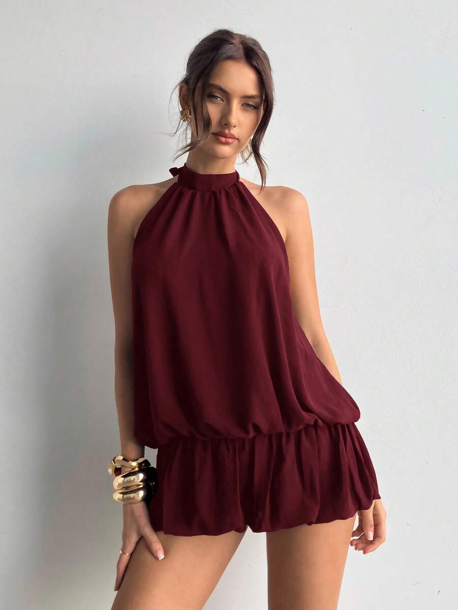 Aloruh Đầm ngắn cổ yếm màu trơn dáng xòe thường ngày dành cho nữ - Màu Đỏ Sâu - Xem 1