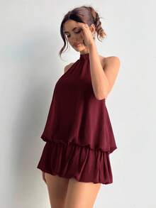 Aloruh Đầm ngắn cổ yếm màu trơn dáng xòe thường ngày dành cho nữ - Màu Đỏ Sâu - Xem 4