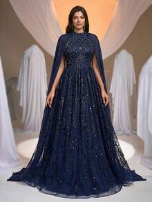 Aureia فستان رسمي أنيق وفاخر بأكمام منتفخة مزين بالخرز والراين، طراز A-line، من الشيفون المطرز بالياقة العالية باللون الأزرق الداكن، مناسب للحفلات والمناسبات الرسمية (تصميم معقد) - أزرق بحري - مشاهدة 6