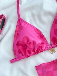 Bộ bikini 3 mảnh dành cho thiếu nữ: Áo tắm màu hồng nhạt phối lưới in hoa, quần và váy buộc dây, bikini tam giác hở lưng dây mảnh thích hợp cho bãi biển và mùa hè. - Màu Hồng Tươi - Xem 5