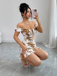 Selianne 女士复古印花荷叶边下摆修身A字连衣裙，优雅性感法式束腰紧身鸡尾酒会夏季连衣裙 - 彩色 - 查看 8