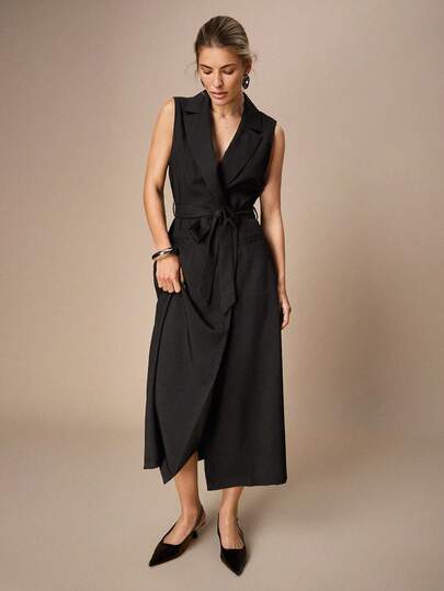 Maija 女士纯色翻领优雅无袖连衣裙，适合通勤