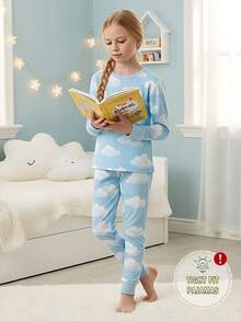 2件套女童梦幻印花圆领长袖上衣和数码印花针织打底裤，柔软弹力贴身家居服套装