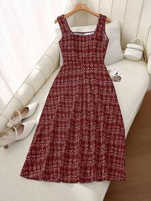 SHEIN Clasi Women's Elegant Plaid Sleeveless Midi Dress For Commuting - Burgundy - View 2