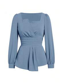 Solivie Áo kiểu peplum thanh lịch dành cho nữ, kiểu dáng đơn giản, màu trơn, cổ vuông bất đối xứng, xếp ly ở eo, thích hợp cho công sở, mùa xuân/thu. - Màu xanh nhạt - Xem 6