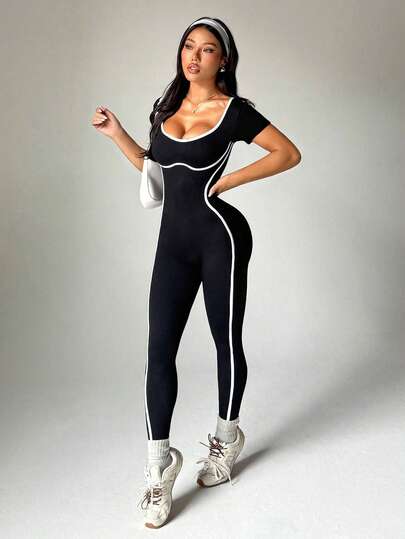 Dewbera Contrast Color Trim Scoop Neck Raglan Short Sleeve Fitted Jumpsuit