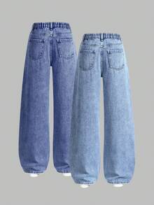 2pcs/Set Teen Girl Loose Straight Leg Relaxed Fit Casual Blue Jeans,Winter Streetwear Graduation Back-To-School,Flattering&Snug Fit,Versatile Daily - Multicolor - View 2