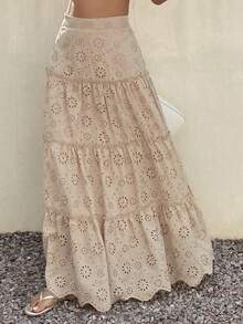 Livesso 蕾丝拼接荷叶边下摆休闲女裙 - 杏色 - 查看 4