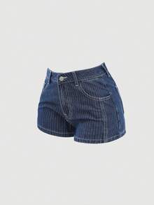 Teen Girl Striped Dark Blue Denim Low Waist Shorts,Kid Spring And Summer Casual Vacation Country Boho Wear, Beach For Kid, Western Street Wear, Spring Break, Rave Festival Denim Shorts - Dark Wash - View 7