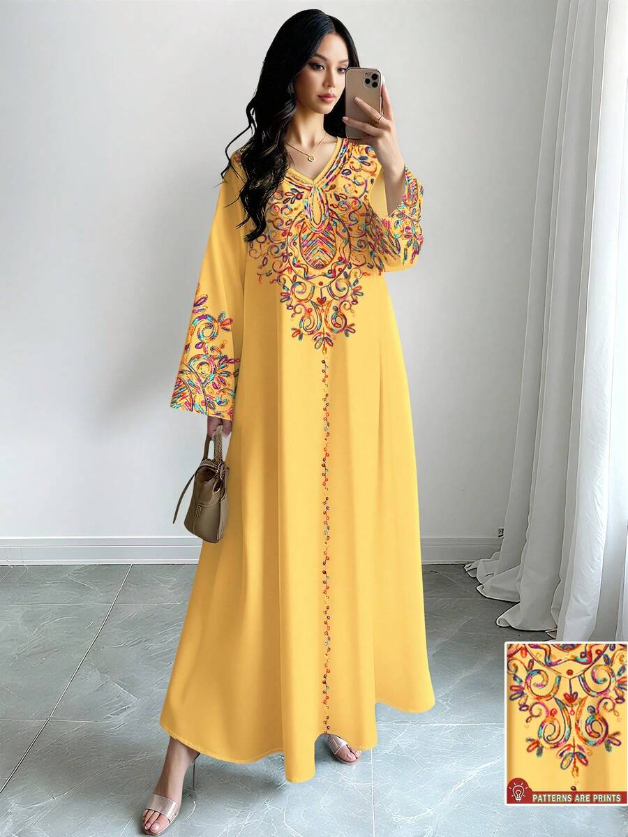 SHEIN Najma 女士彩色藤蔓图案数码印花V领长袖优雅阿拉伯风长连衣裙，春秋季 - 彩色 - 查看 1