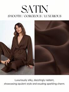 Maija Women's Autumn/Winter Satin Solid Color Tie Front Long Sleeve Cardigan And Elastic Waist Pants Casual Suit, Women's Sleepwear 2 Pieces Set, Women's Casual Business Suit, Office Attire - Brown - View 12