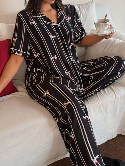 Napfluff CURVE Plus Size Puff Wrinkle Puppy Striped Print Lapel Cardigan Short Sleeve Pajama Set