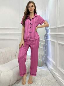 CoupledUp Faux Silk Striped Jacquard Contrast Trim Collar Pajama Set - Hot Pink - View 3
