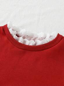 Genkimix Kids 少女休闲韩版拼接白色蕾丝刺绣领口褶皱喇叭蕾丝袖口卫衣 - 紅色 - 查看 3