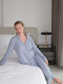 Turnttoni Leisure Women's Long Sleeve Solid Color Shirt And Pants Casual Comfortable Home Lounge Outfit Set Holiday Season, Fall Winter Clothes Cozy And Elegant Details - Dusty Blue - View 5