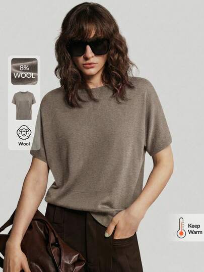 Ontre 2026 女士柔软宽松羊毛混纺短袖毛衣，适合都市通勤、商务休闲、度假、婚礼宾客、派对等场合，春夏纯色上衣，女士工作上衣，针织上衣，休闲上衣，基础款上衣，现代都市休闲时尚，商务休闲，女士办公室着装，低调复古风，轻松气质，高端都市通勤，高品质机场女装，高端面料