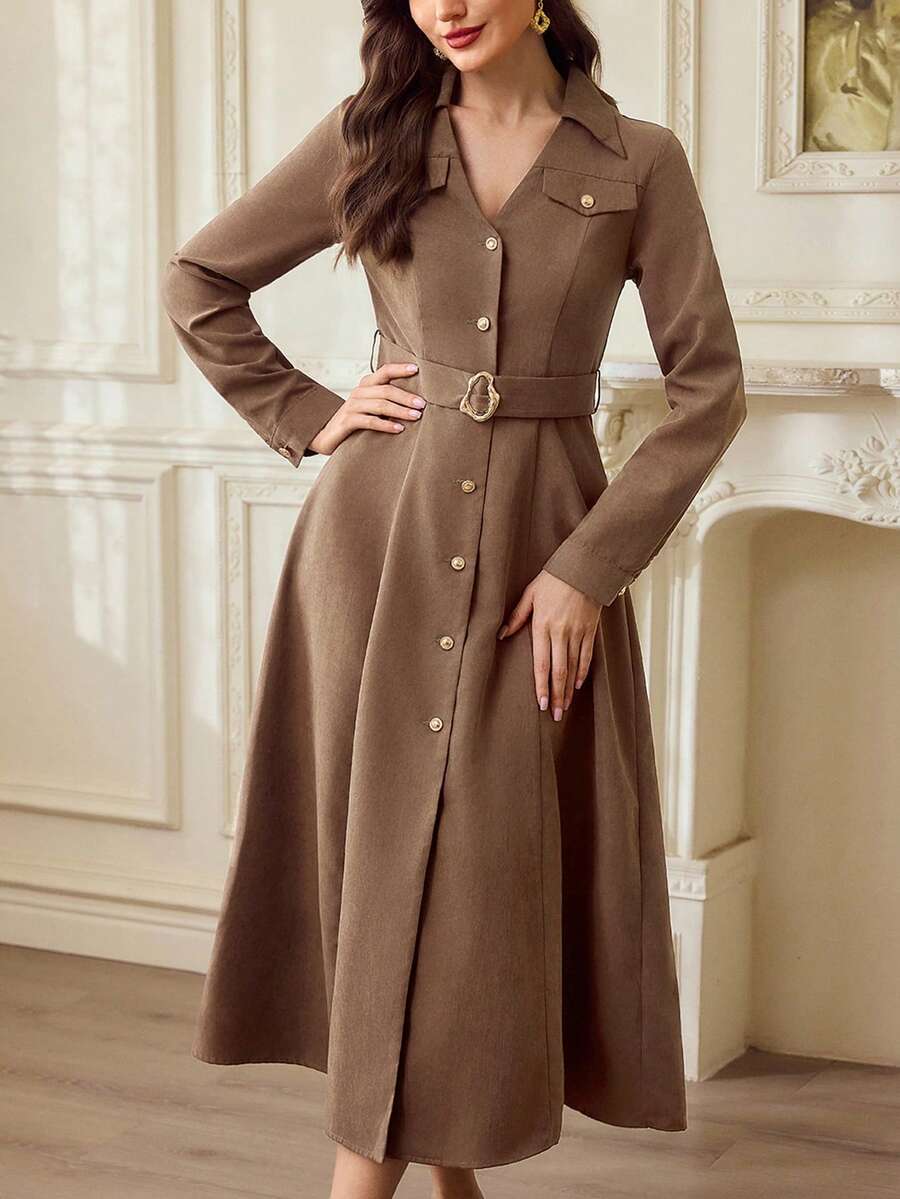 Vintamour Vintage Classic Elegant Women's Dress, Autumn/Winter, Fitted, Metal Button, Collar, Long Sleeve, Belt, Coffee Brown Color, Pocket Flap - Coffee Brown - View 1