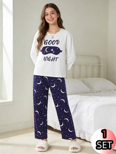 Tween Girls Sleepwear Set 2-Piece Set - White Purple Moon Star Pajamas Sweet Moon Star English Letter Crew Neck Design White Purple Sweet Dreamy Color Knit Comfortable Fabric Long Sleeve Crew Neck Top Pants Moon Star Combo Social Media Style Sweet Dreamy Spring Summer Autumn Winter Holiday Essential Tween Girl Home Set Pajama For Kids Girl Kids Girl Pajama