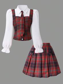 Girls' Plaid Collared Splice Preppy Style Cardigan With Puff Sleeves And Elastic Waist Pleated Skirt, Suitable For Spring/Autumn School, Commute, Outing, Stroll, Can Be Paired With Coats, Jackets - Burgundy - View 3