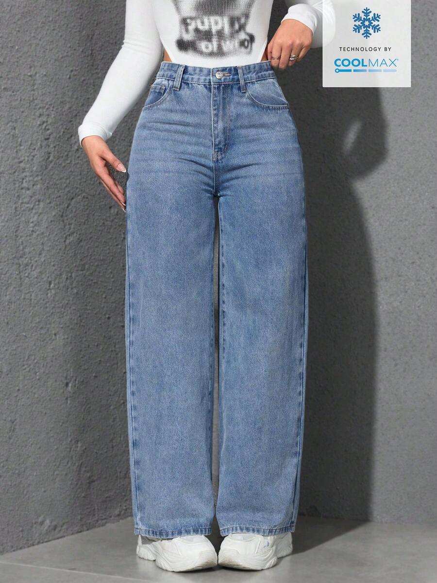 SHEIN ICON 纯色斜插口袋休闲百搭阔腿牛仔裤 - 淺色水洗藍 - 查看 1