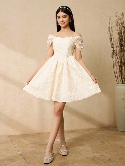 Elegant Elegant Luxurious Beige Jacquard Off Shoulder Design Cinched Waist Gorgeous Puff Dress For Teen Girls