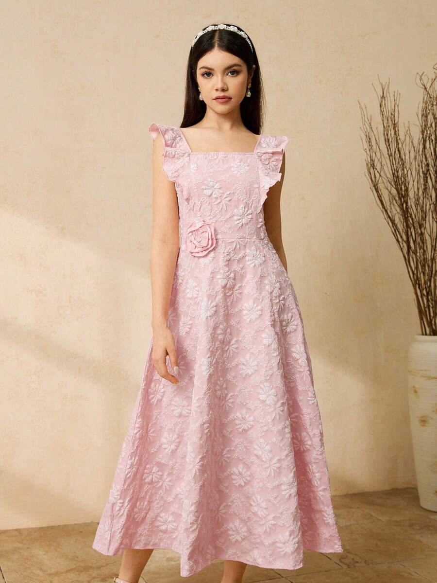 Teen Girl Floral 3D Embossed Ruffle Hem Fashion Dress - Pink - View 1
