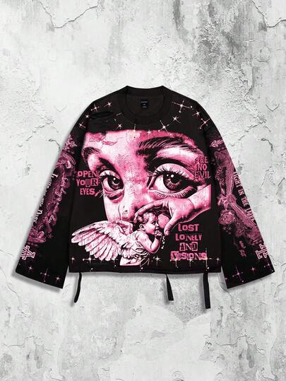 Street Life Vintage Street Style Distressed Saint Graphic Long Sleeve Crew Neck Men's T-Shirt