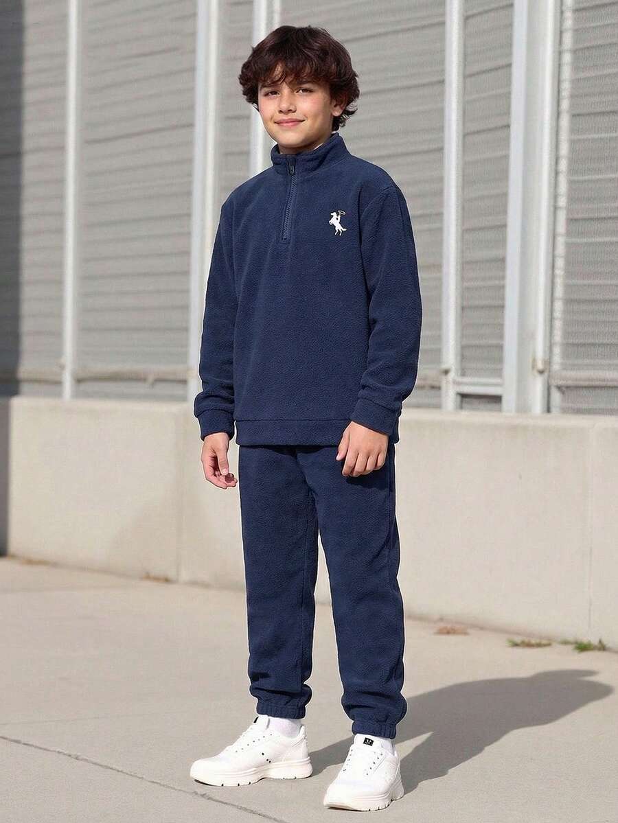 SHEIN Vacaura Conjunto de 2 peças de blusa e calça casual para meninos adolescentes com zíper, roupas chiques de outono para outono/inverno de 8 a 12 anos - Multicolorido - Ver 1