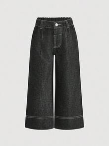 Young Girl' Navy Blue Denim Ruffle Hem Loose Fit Pants - Black - View 6