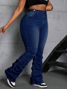SHEIN CURVE+ Plus Size Women Cowgirl Blue Elastic Ruched Jeans, Rodeo For Women - Dark Wash - View 5